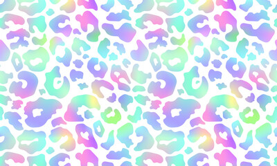 Trendy Neon Leopard pattern horizontal background. Vector rainbow wild animal leo skin, gradient cheetah texture with rainbow spots on white background for fashion print design, wallpapers