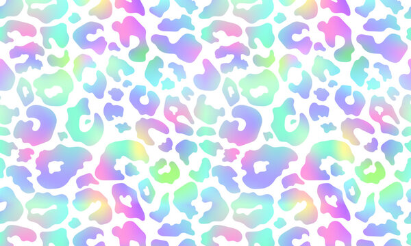 Trendy Neon Leopard pattern horizontal background. Vector rainbow wild animal leo skin, gradient cheetah texture with rainbow spots on white background for fashion print design, wallpapers