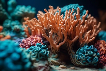 Naklejka na ściany i meble Plasticine colorful corals, underwater view, macro, close up, Generative AI