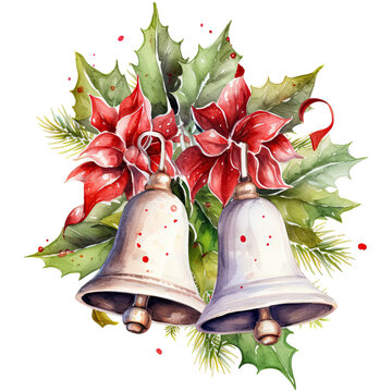 Watercolor Christmas Bells On A Transparent Background, Christmas Illustration. Generative AI	