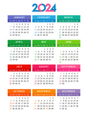 Calendar 2024 year, editable template week start sunday with USA holidays. Template calendar design 2024 for business planner or schedule. Vector Illustration