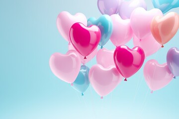 close up of heart sharp balloons flying in the air, levitation,rainbow palete,white lighting pastel...