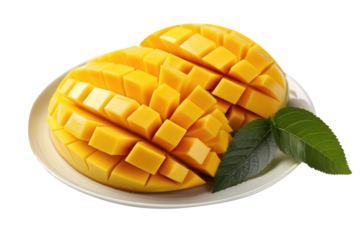 Sliced of ripe mango on plate isolated on transparent background. Generative Ai
