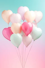  close up of heart sharp balloons flying in the air, levitation,rainbow palete,white lighting pastel background © JetHuynh