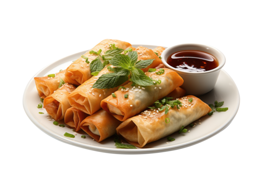 Chinese traditional spring rolls fried on transparent background. Generative Ai