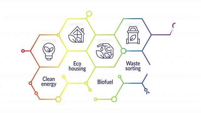 Animated green solutions infographic. Environmentally friendly. Looped HD info chart template video on white with alpha channel transparency. Interactive flowchart animation with step sequence