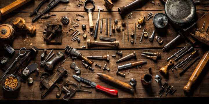 flat lay photography of carpentering tools on top of a rustic working table. rustic style, well lit 3-point lighting.