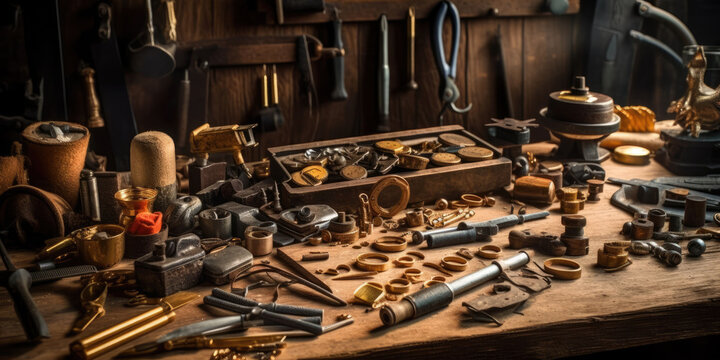 flat lay photography of carpentering tools on top of a rustic working table. rustic style, well lit 3-point lighting.