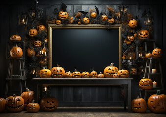 Halloween background with frame  on wall with halloween decorations , mockup
