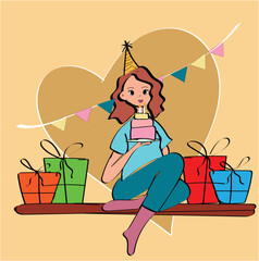 Girl cartoon with happy birthday gifts.  girl with gift boxes balloons party celebration cartoon Free Vector