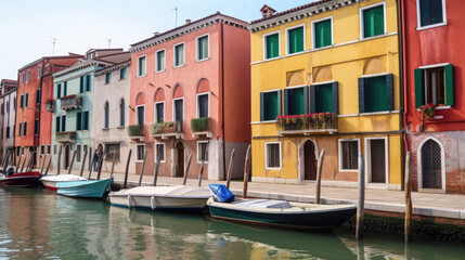 Fototapeta na wymiar Colorful houses along canal with boats in Venice, Italy