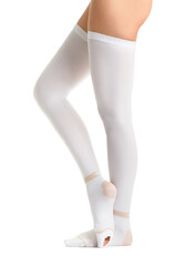 Legs in white compression stockings on a white background, thromboembolism, varicose veins.