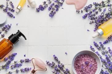 Fototapeta na wymiar Lavender spa. Lavender salt, natural essential oil and fresh lavender
