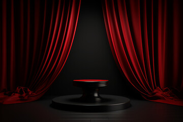 Black Opera Stage With Red Silk Curtain Podium. Generative Ai