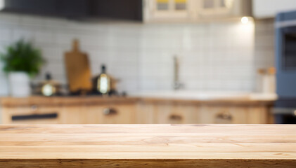 Fototapeta na wymiar Elegant wooden tabletop in modern kitchen background for product display. AI generative.