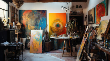 Bohemian artist studio with colorful canvases and paint supplies