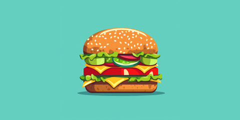 Vegetarian hamburger vector illustration on turquoise background - obrazy, fototapety, plakaty