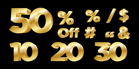 Vector numbers 3d Gold Illustration 20%, 30%, 50% percent, Sale off discount promotion set made of realistic numbers 3d Gold. discount collection for your unique selling poster, banner ads