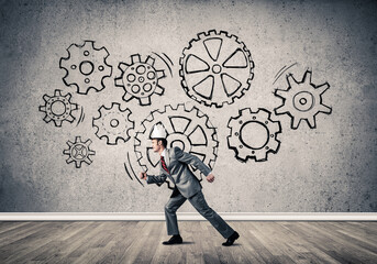 King businessman in elegant suit running in empty room with wooden floor