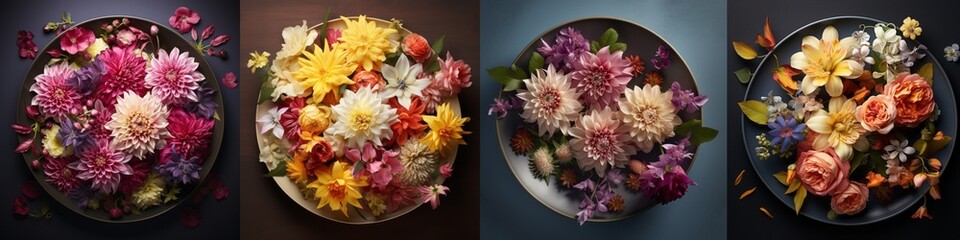 Colloage set of four lush of bucket boquet bunch with blooming colorful flowers in a bowl vase on the table, top view (Generative Ai)