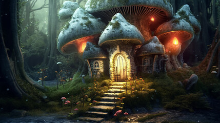 Obraz premium a small house made of mystical dream mushrooms. Generative AI
