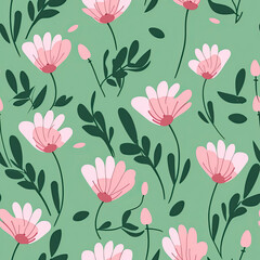 Fototapeta na wymiar Green background with blossoming pink flowers seamless pattern