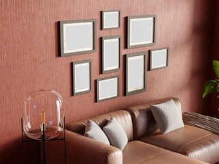 Multiple empty photo frame mockup hanging on earthy brick colour wall background, textured wall, modern interior