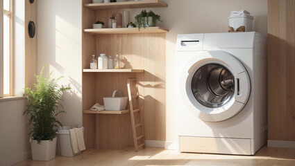 3D render of washing machine in modern laundry room interior. 