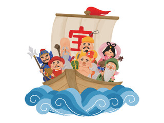 宝船に乗った七福神のイラスト