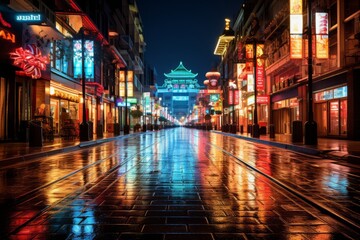 Fototapeta na wymiar Bustling City Street At Night, Generative AI