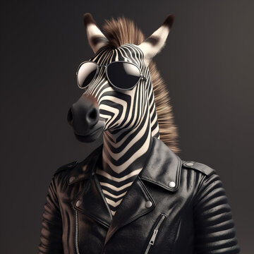 Image of an zebra wore sunglasses and wore a black leather jacket on clean background. Wildlife Animals. Illustration, Generative AI.