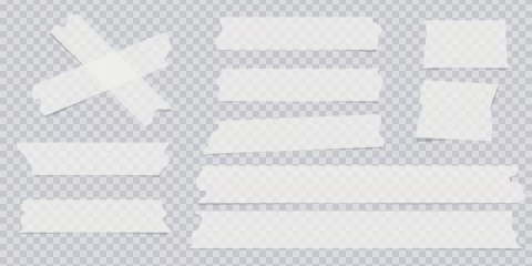 Transparent adhesive tape and adhesive sellotape. Sticky tapes with torn edges, adhesives piece of white taped. Sticky scotch, duct paper strips on checkered background. Realistic vector illustration © tamaraluiza