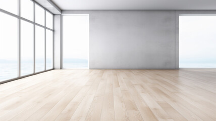 bright empty room hall with a large window and parquet, natural lighting. Generative AI