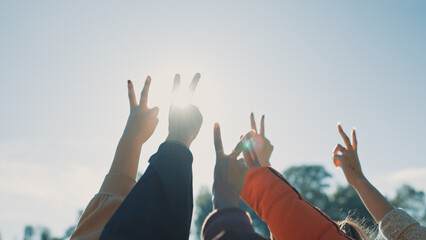 Peace sign, support and hands of friends in nature for community, motivation and teamwork. Partnership, relax and hand gesture with people in outdoors for collaboration, diversity and solidarity
