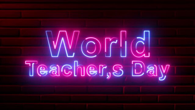 Glowing neon World Teachers Day text animation ,blue and pink color neon sign .