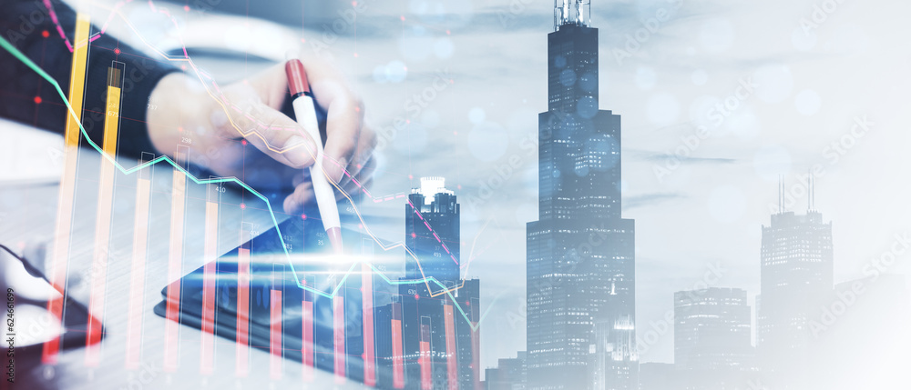 Poster wide image of office workplace with close up of man hands using device and forex chart on creative b