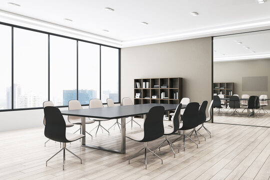 Perspective view of light modern meeting room with panoramic city view window on background, wooden floor and large office desk. 3D Rendering