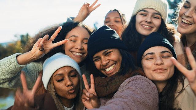 Group, women and peace sign for selfie in nature with diversity, love and emoji for post on web blog. Female people, photography and profile picture with social media, happy and together for camping