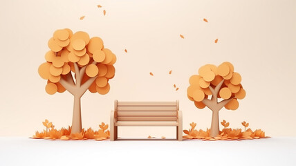 a bench in an autumn park on a white background paper sculpture. Generative AI