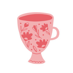 Tea cup pink with flowers hand drawn style, vector isolated on white background.