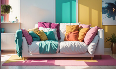 3D rendering of interior of modern living room with white sofa and colorful pillows