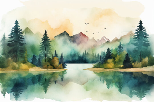 Mountains forests and a lake watercolor landscape background, Generative AI