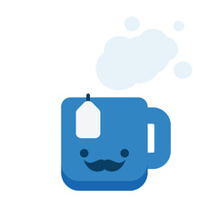 Blue Mug with Tea Filter Bag - Icon, Object Silhouette, Flat Vector Design Element with Smiling Face and Mustache - Isolated on White
