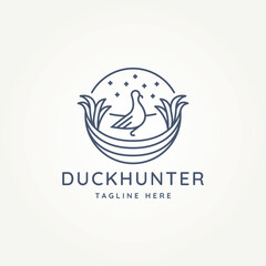 minimalist duck hunting line art icon logo template vector illustration design. simple modern duck on the creeks and cattails emblem logo concept