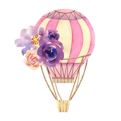 Balloon with flowers. Watercolor illustration on a white background. A journey through the sky. Children's room.