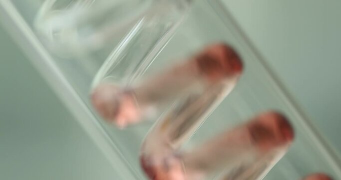 Red liquid flows up through spiral plastic tube in laboratory equipment. Liquid during chemical experiment slow motion. Study of chemical properties in modern laboratory
