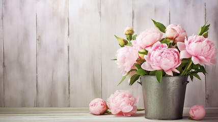 pink peonies in an iron bucket background with a copy space. Generative AI