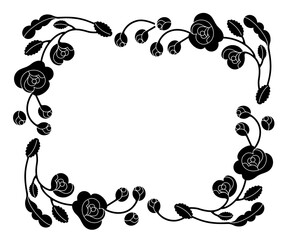 Decorative frame with a simple retro rose silhouette. Easy-to-use graphic templates. It consists of rose flowers, buds and leaves. It will be gorgeous if you use it when making a round frame.flat