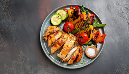 plate of grilled chicken with vegetables on dark background, top view © Uuganbayar
