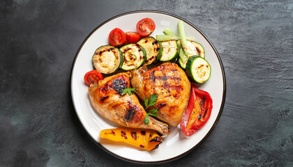plate of grilled chicken with vegetables on dark background, top view